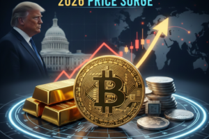 Bitcoin Price Prediction 2026 visual showing Bitcoin logo, Gold bars, and Silver coins with a rising graph background representing high inflation and global demand.