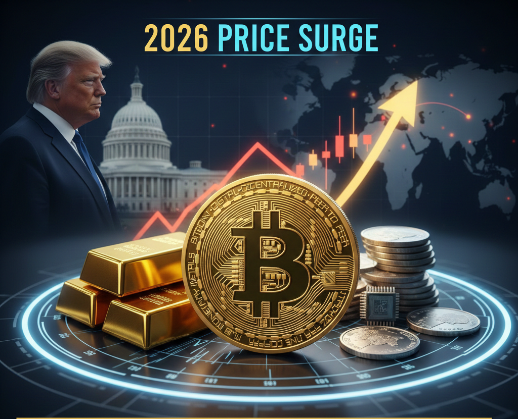 Bitcoin Price Prediction 2026 visual showing Bitcoin logo, Gold bars, and Silver coins with a rising graph background representing high inflation and global demand.